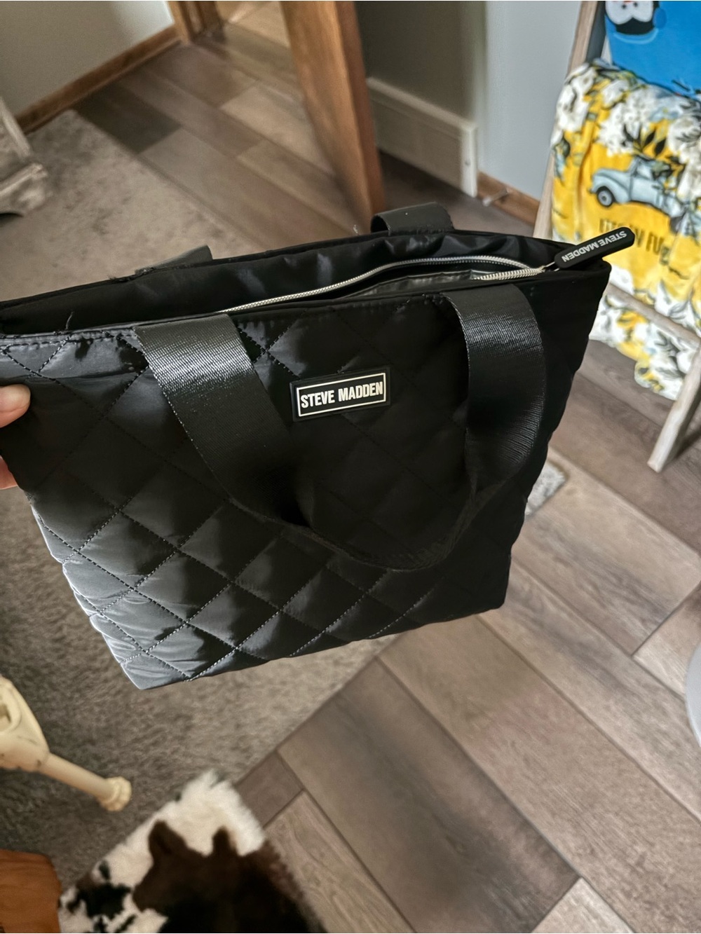 Steve Madden Black Quilted Tote with Logo Plaque